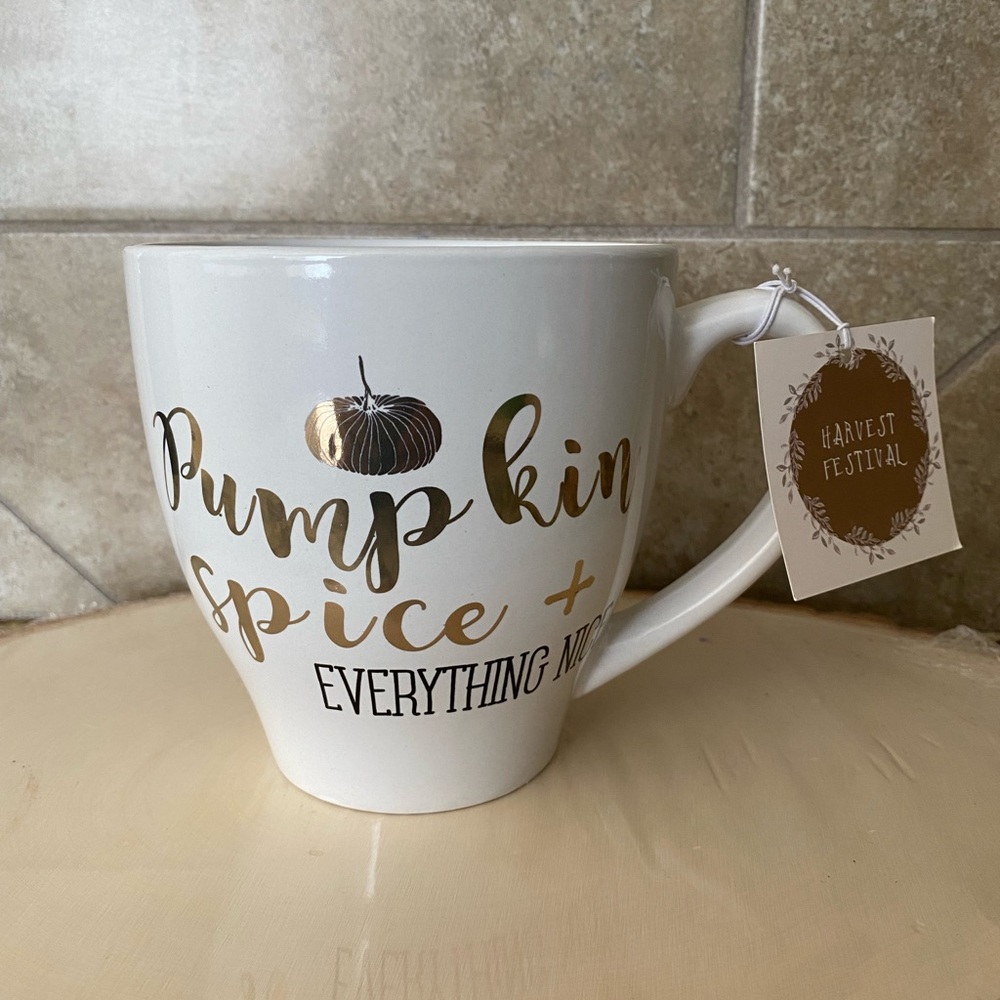 Pumpkin Spice + Everything Nice Large Coffee Latte Mug White Ceramic Gold Letter
